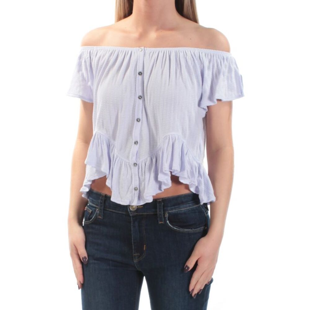 WE THE FREE Womens Purple Short Sleeve Off Shoulder Top Size: XS